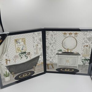 Luxurious Bathroom Art Set in Black and Gold Framed